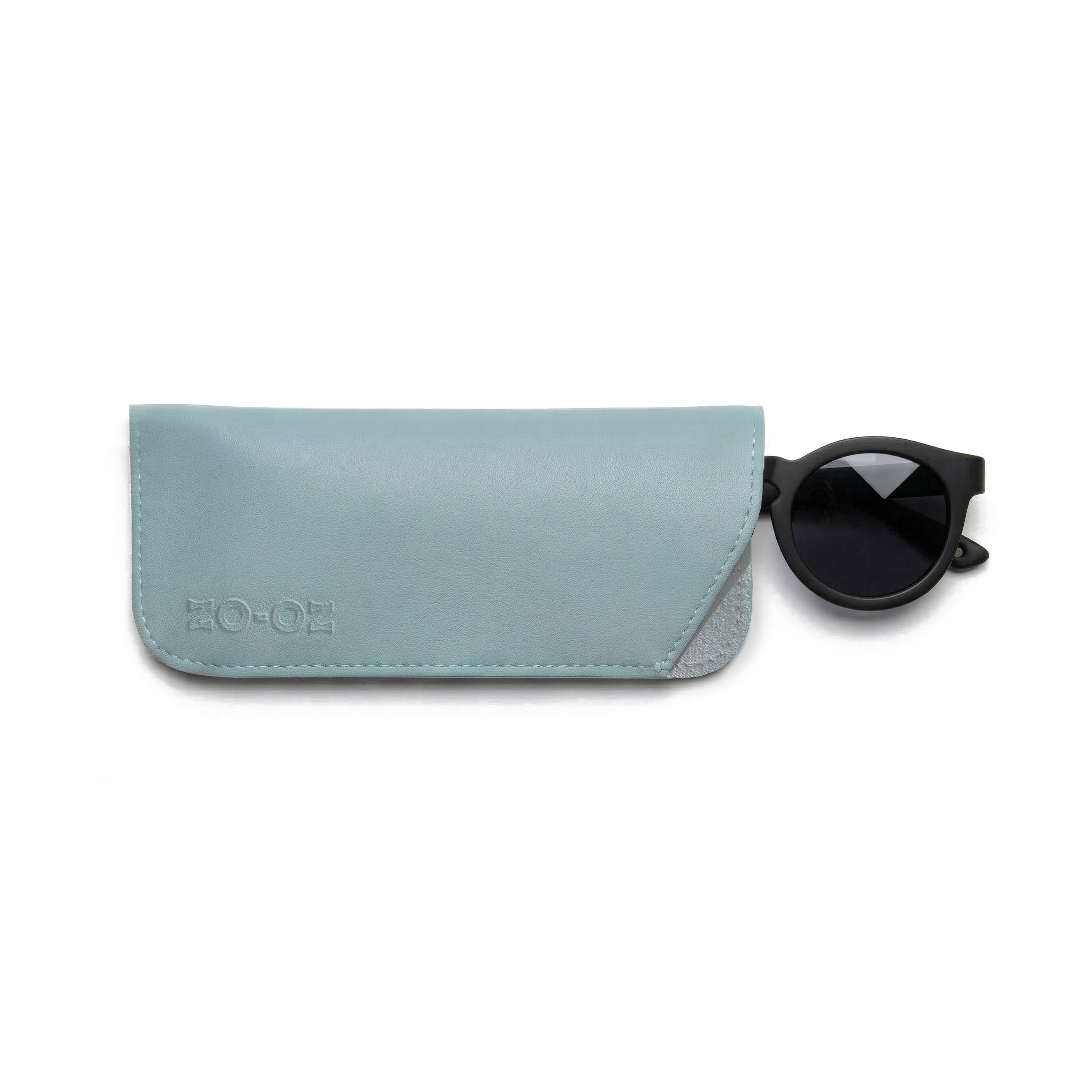 Custodia protettiva per occhiali da sole firmata zo-oz, realizzata in semilpelle blue, con occhiali da sole  Beep nero. 