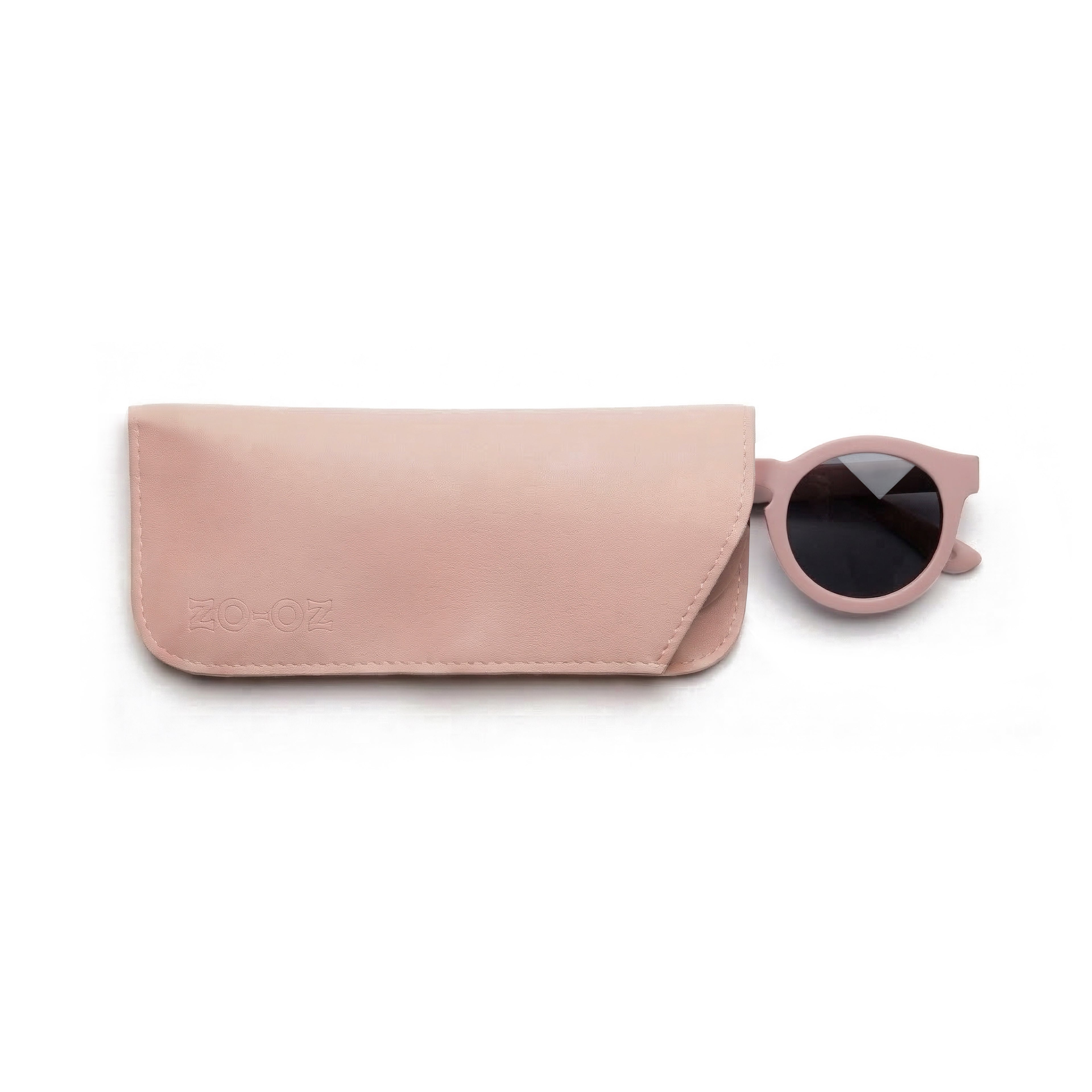 Custodia protettiva per occhiali da sole firmata zo-oz, realizzata in semilpelle rosa, con occhiali da sole Beep rosa. 