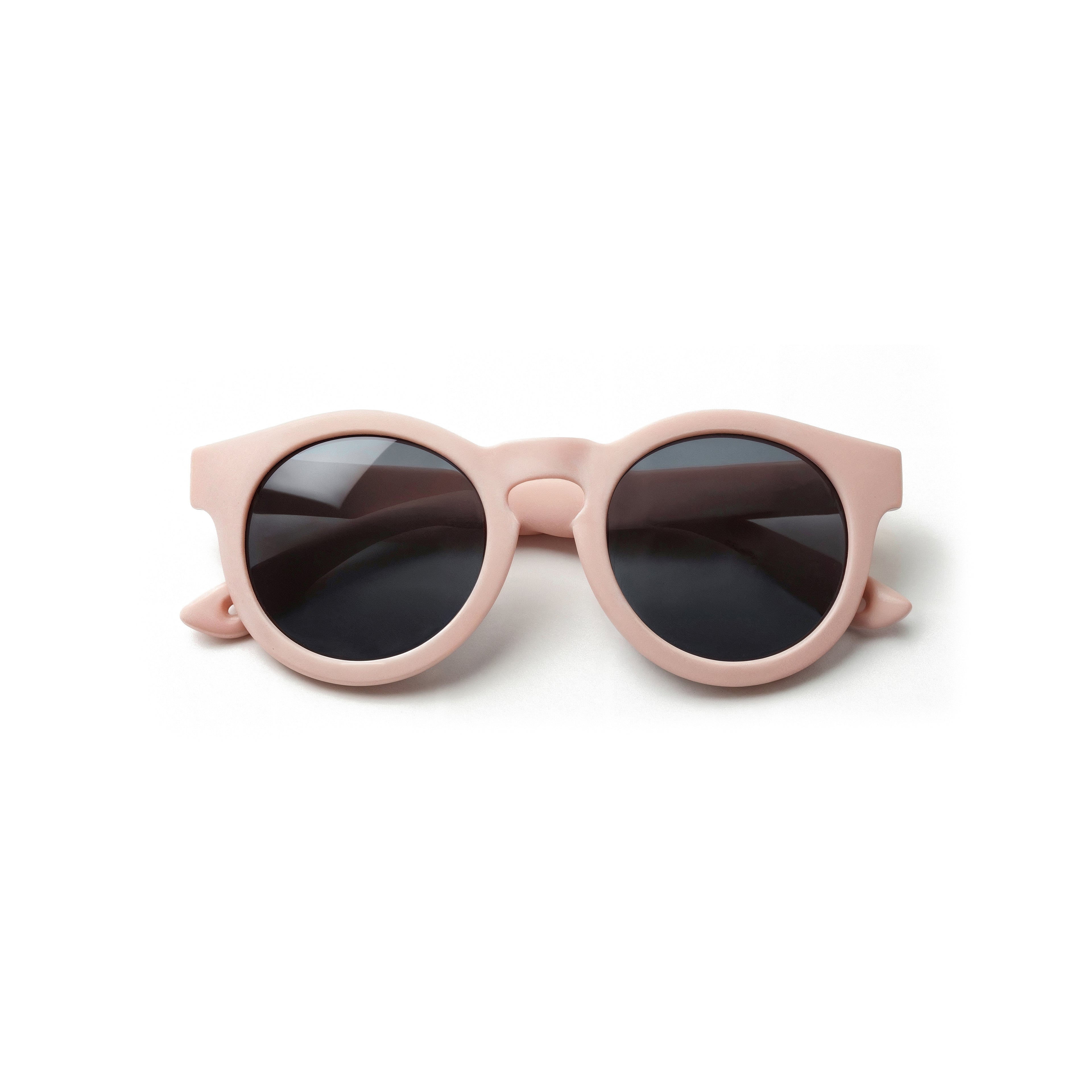 Occhiali da sole zo-oz stile pantos modello Ding rosa opaco per bambini 0-2 anni piegati e fotografati dall'alto.