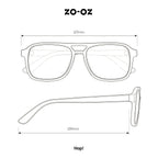 Schema illustrativo delle dimensioni degli occhiali da sole zo-oz stile aviator modello Hop per bambini 6-12 anni.