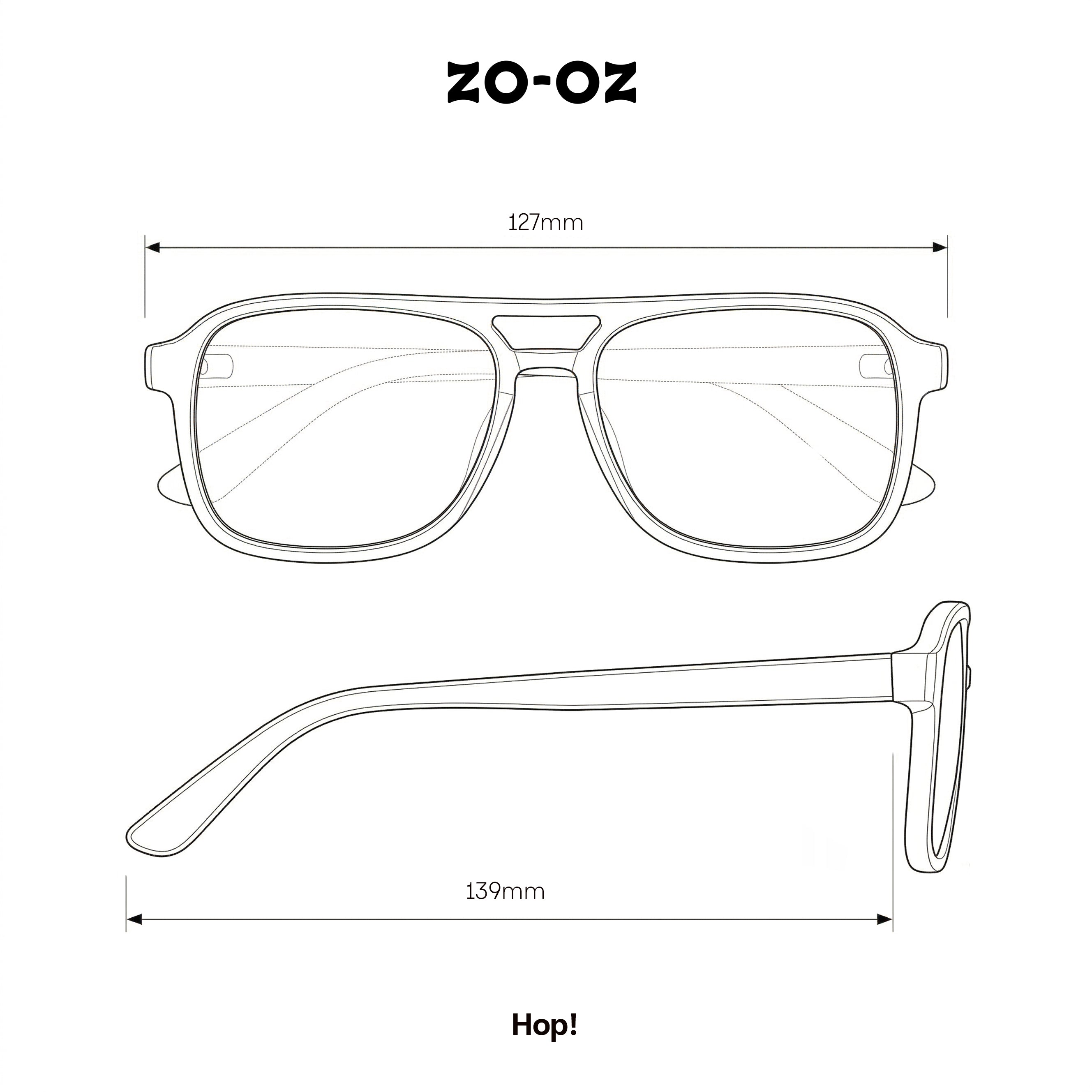 Schema illustrativo delle dimensioni degli occhiali da sole zo-oz stile aviator modello Hop per bambini 6-12 anni.