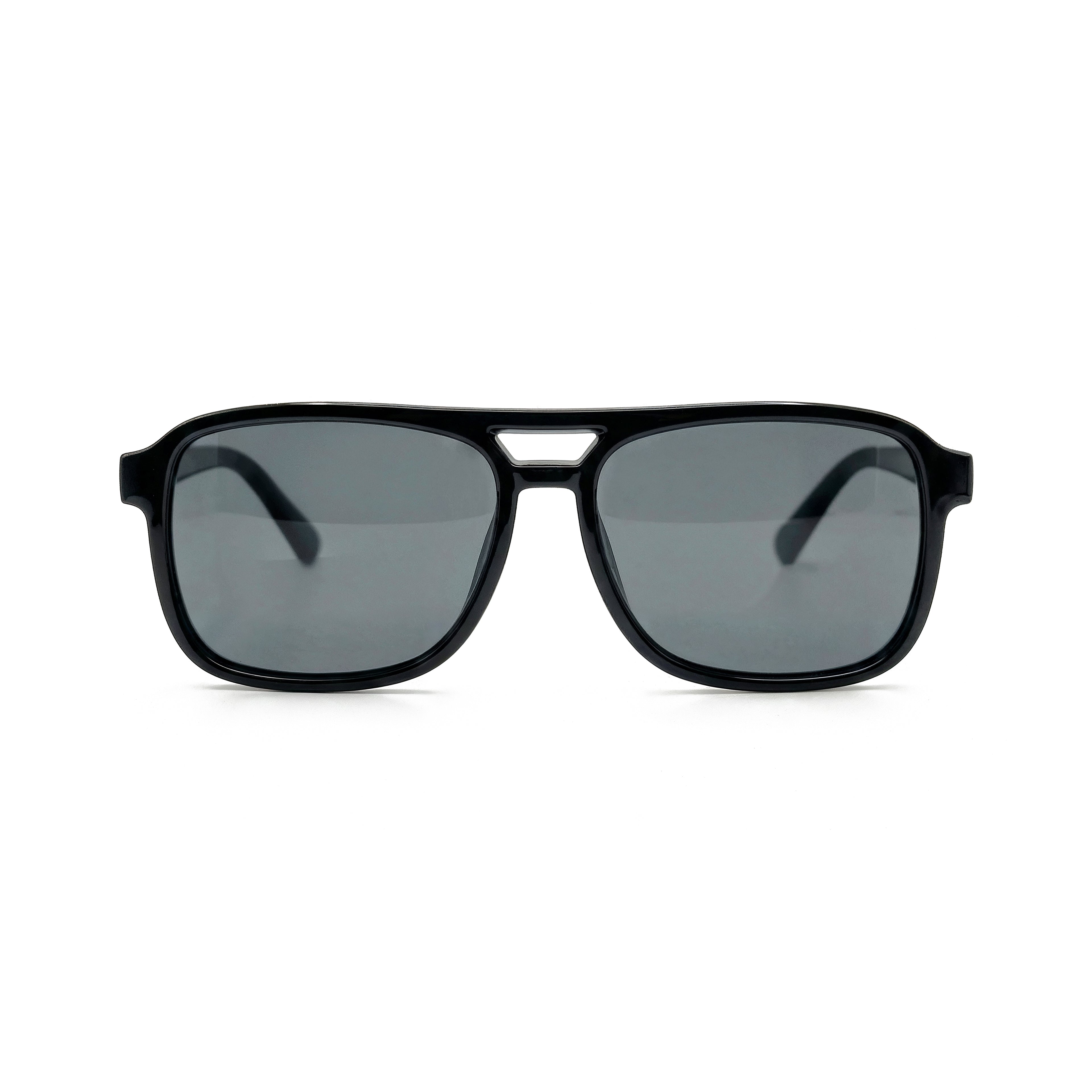 Occhiali da sole zo-oz stile aviator modello Hop nero lucido per bambini 6-12 anni. Inquadratura frontale con le aste aperte appoggiate su una superficie.