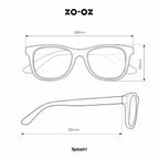 Schema illustrativo delle dimensioni degli occhiali da sole zo-oz stile wayfarer modello Splash per bambini 3-5 anni.