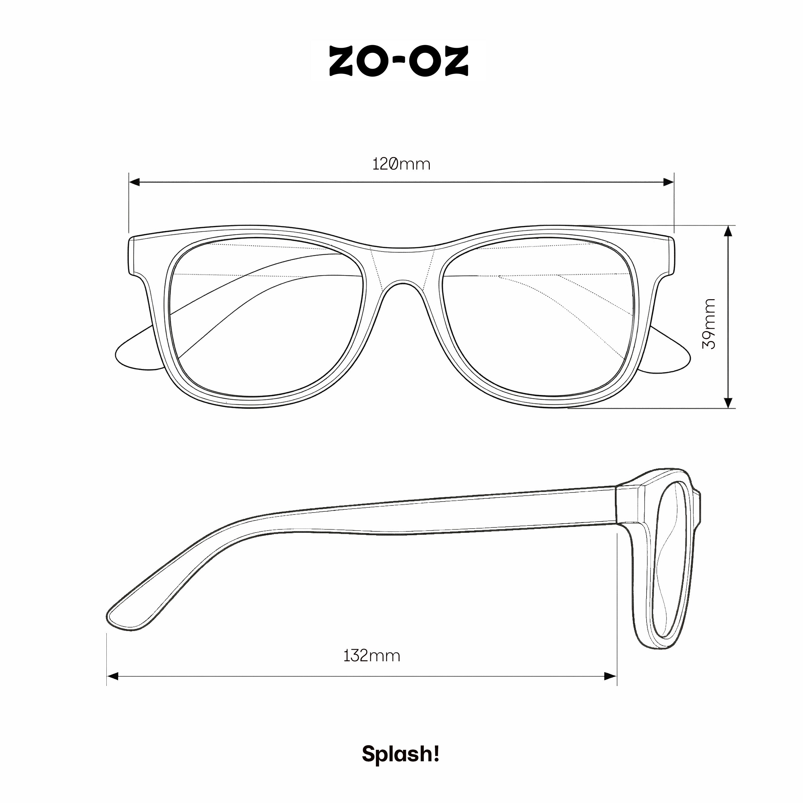 Schema illustrativo delle dimensioni degli occhiali da sole zo-oz stile wayfarer modello Splash per bambini 3-5 anni.